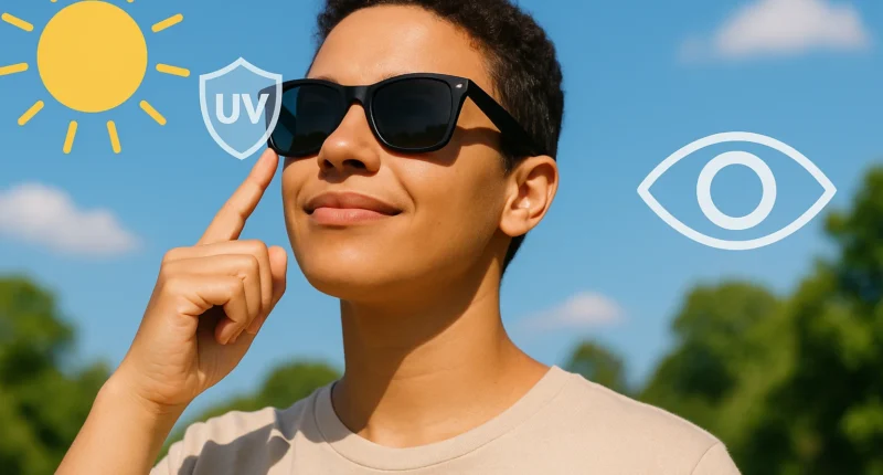 Pessoa ao ar livre usando óculos de sol com proteção UV, simbolizando vision health guide essential e cuidados oculares