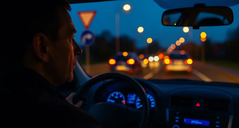 Motorista em carro com foco na visão periférica, sinais de trânsito e luzes ao fundo, cores vibrantes