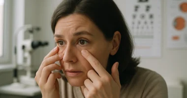 Pessoa examinando seu olho em ambiente clínico com instrumentos médicos ao fundo, destacando o tema Blurry Vision Remedy.