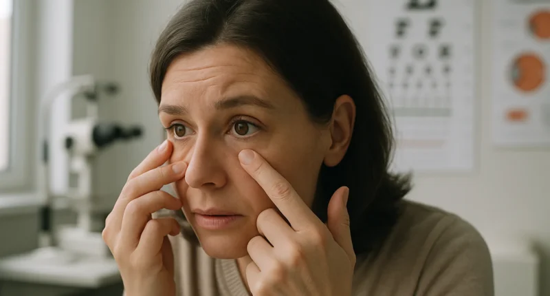 Pessoa examinando seu olho em ambiente clínico com instrumentos médicos ao fundo, destacando o tema Blurry Vision Remedy.