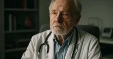 Cena de um cardiologista aposentado em escritório, com expressão contemplativa e foco nos olhos em meio à luz suave