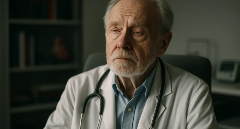 Cena de um cardiologista aposentado em escritório, com expressão contemplativa e foco nos olhos em meio à luz suave